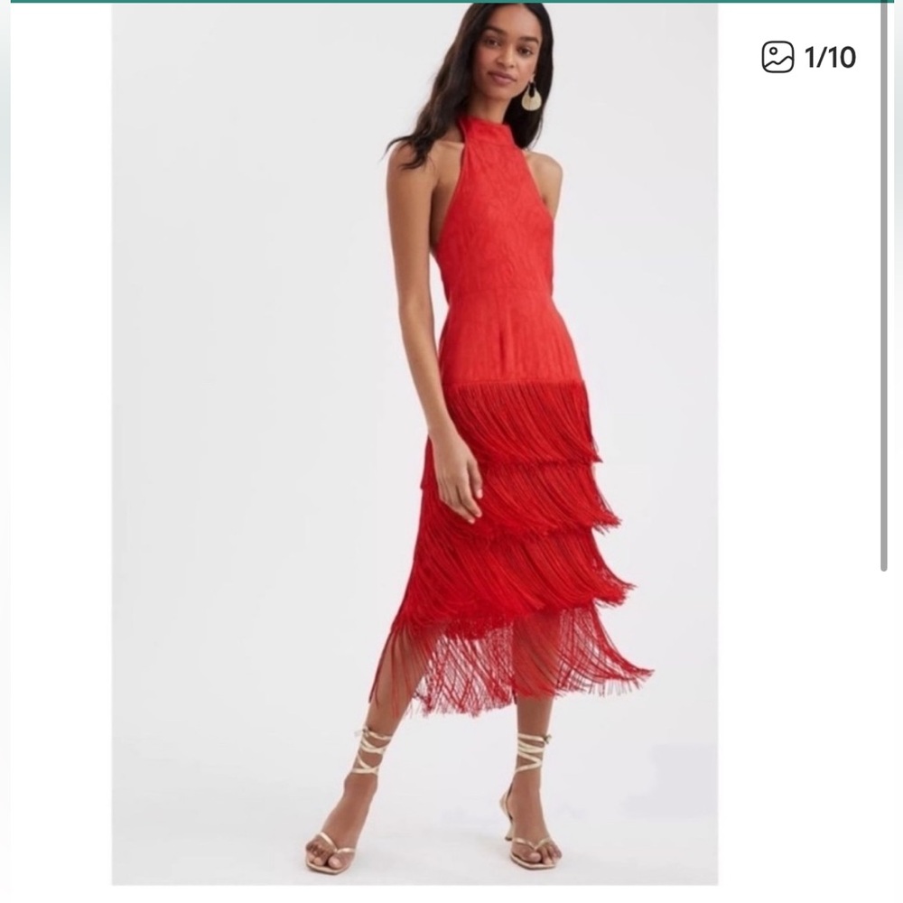 Anthropologie Red Halter Fringe Dress 8 NWT